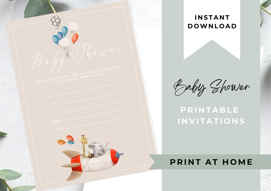 Baby Shower invitation, Animal Baby Shower, unisex Baby Shower, Beige Rocket, Printable Invitation, INSTANT DOWNLOAD, Print at home