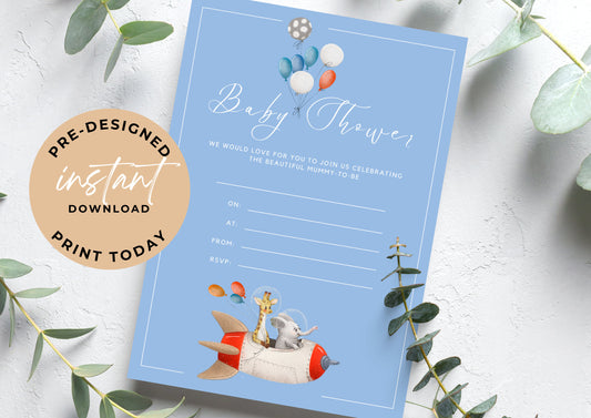 Baby Shower invitation, Animal Baby Shower, unisex Baby Shower, Blue Rocket, Printable Invitation, INSTANT DOWNLOAD, Print at home