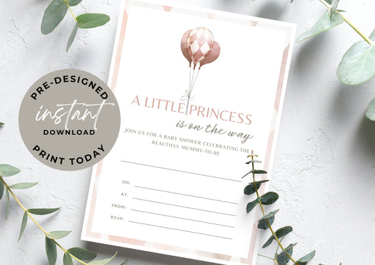 Baby Shower invitation,  Baby Shower, Little Princess, Balloon, Printable invitation, Print at home