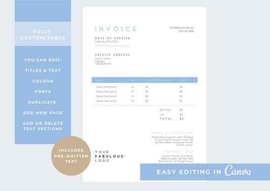 Invoice Template | Services Invoice | Fully Editable | Instant Download |  Printable | Minimal | Modern Invoice | US Letter | Powder Blue
