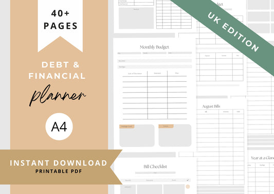 Debt and Finance Planner, Budget Planner, Printable Savings Planner, Debt, Bill, Spending, Income and Expenses Trackers, A4, Dove Grey