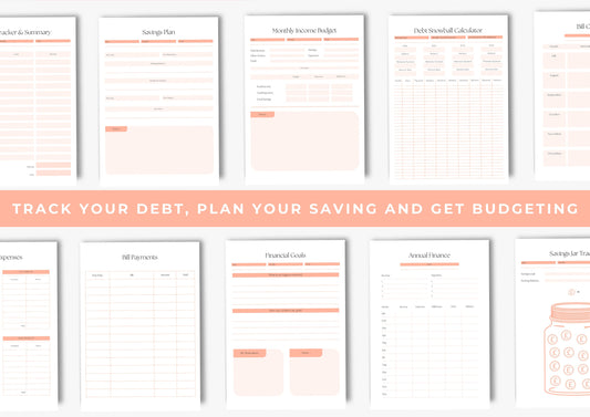 Debt and Finance Planner BUNDLE! Budget Planner, Printable Savings Planner, Debt, Bill, Spending, Income and Expenses Trackers, A4, Peach