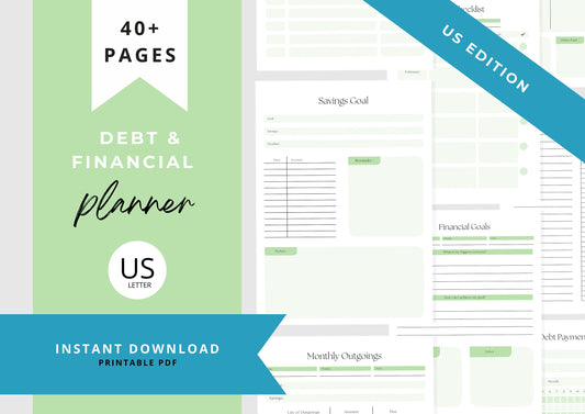 Debt and Finance Planner, Budget Planner, Printable Savings Planner, Debt, Bill, Spending, Income and Expenses Trackers, US Letter, Apple