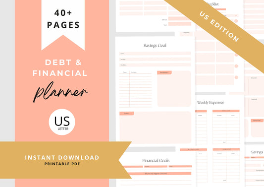 Debt and Finance Planner, US Letter, Budget Planner, Printable Savings Planner, Debt, Bill, Spending, Income and Expenses Trackers, Peach