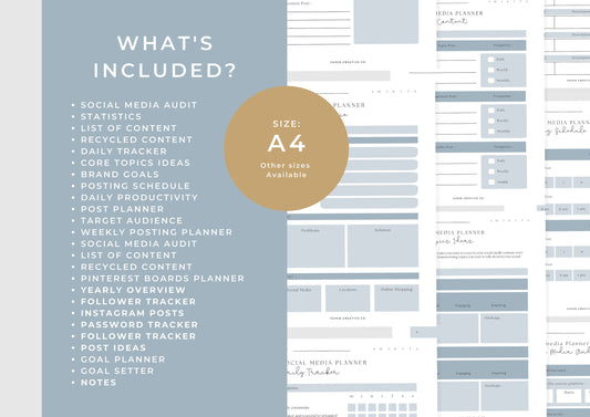 Social Media Planner A4, printable, Content Planner, Instagram, YouTube, TikTok, Facebook, Side Hustle, Marketing, Smoke Blue, 1.0
