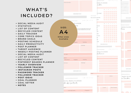 Social Media Planner A4, printable, Content Planner, Instagram, YouTube, TikTok, Facebook, Side Hustle, Marketing, Blushing Peach, 2.0