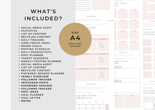 Social Media Planner A4 , printable, Content Planner, Instagram, YouTube, TikTok, Facebook, Side Hustle, Marketing, Milky Rose, 5.0