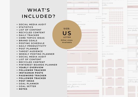 Social Media Planner US Letter, printable, Content Planner, Instagram, YouTube, TikTok, Facebook, Side Hustle, Bubblegum, 6.0