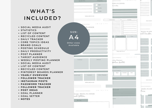 Social Media Planner A4, printable, Content Planner, Instagram, YouTube, TikTok, Facebook, Side Hustle, Marketing, Graphite, 7.0