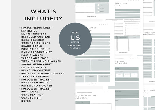 Social Media Planner US Letter, printable, Content Planner, Instagram, YouTube, TikTok, Facebook, Side Hustle, Graphite
