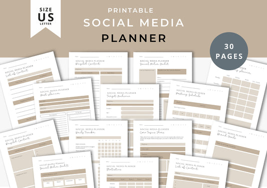 Social Media Planner US Letter, printable, Content Planner, Instagram, YouTube, TikTok, Facebook, Side Hustle, Tawny, 9.0