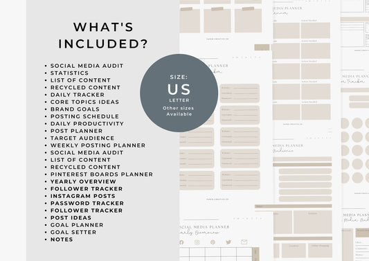 Social Media Planner US Letter, printable, Content Planner, Instagram, YouTube, TikTok, Facebook, Side Hustle, Tawny, 9.0