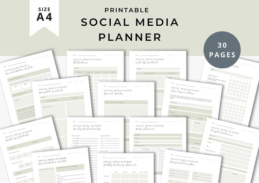 Social Media Planner A4, printable, Content Planner, Instagram, YouTube, TikTok, Facebook,A4, Side Hustle, Marketing, Fawn Green, 10.0