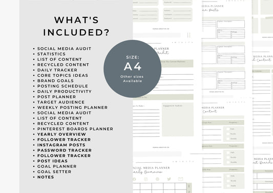 Social Media Planner A4, printable, Content Planner, Instagram, YouTube, TikTok, Facebook,A4, Side Hustle, Marketing, Fawn Green, 10.0