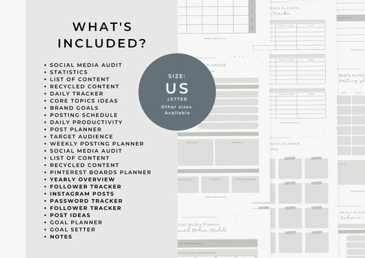 Social Media Planner US Letter, printable, Content Planner, Instagram, YouTube, TikTok, Facebook, Side Hustle, Mink Grey
