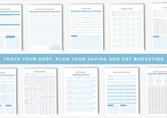 Debt and Finance Planner, Budget Planner, Printable Savings Planner, Debt, Bill, Spending, Income and Expenses Trackers, US Letter, Aqua