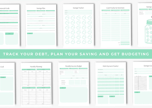 Debt and Finance Planner, Budget Planner, Printable Savings Planner, Debt, Bill, Spending, Income and Expenses Trackers, A4, Spearmint
