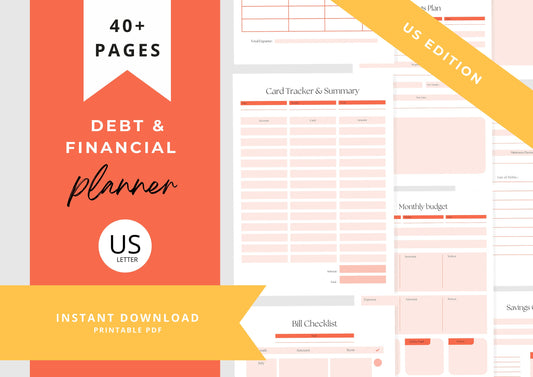Debt and Finance Planner BUNDLE! Printable Savings Planner, Debt, Bill, Spending, Income and Expenses Trackers, US Letter, Tangerine
