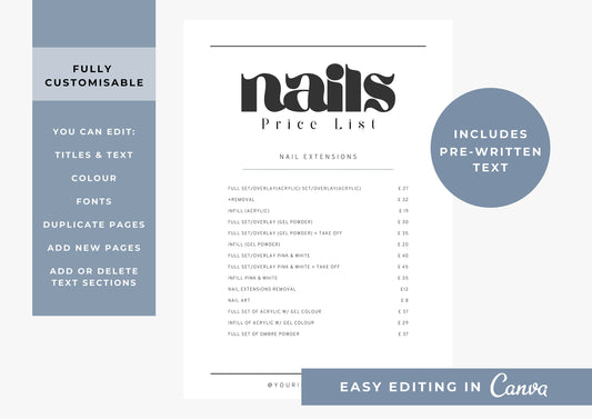 Nail Salon Services Pricing Menu | Pricing Guide | Nail Salon Business Template, Vintage Font