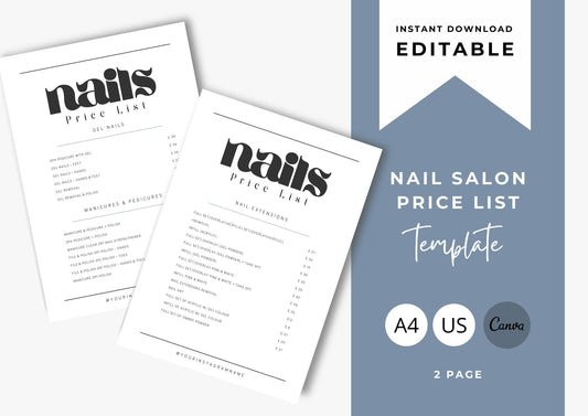 Nail Salon Services Pricing Menu | Pricing Guide | Nail Salon Business Template, Vintage Font