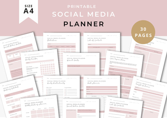 Social Media Planner A4, printable, Content Planner, Instagram, YouTube, TikTok, Facebook, Side Hustle, Marketing, Bubblegum, 6.0