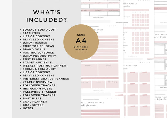 Social Media Planner A4, printable, Content Planner, Instagram, YouTube, TikTok, Facebook, Side Hustle, Marketing, Bubblegum, 6.0