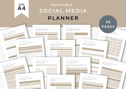 Social Media Planner A4, printable, Content Planner, Instagram, YouTube, TikTok, Facebook, Side Hustle, Marketing, Tawny, 9.0