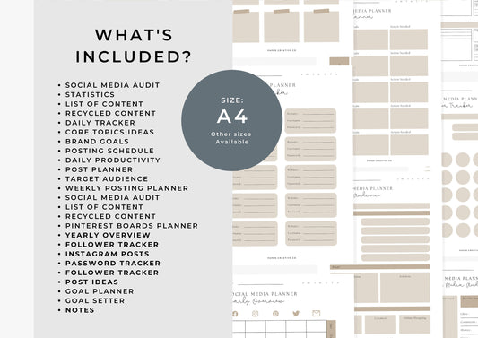 Social Media Planner A4, printable, Content Planner, Instagram, YouTube, TikTok, Facebook, Side Hustle, Marketing, Tawny, 9.0