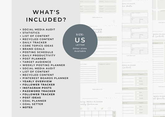 Social Media Planner US Letter, printable, Content Planner, Instagram, YouTube, TikTok, Facebook, Side Hustle, Fawn Green, 10.0