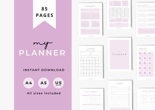 Planner, Daily, weekly, yearly, Goal setting, budget planning, Undated Planner, Three sizes included A5 A4 and US Letter, Cotton Pink