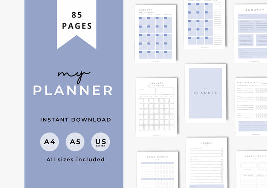 Planner, Daily, weekly, yearly, Goal setting, budget planning, Undated Planner, Three sizes included A5 A4 and US Letter, Stone Blue