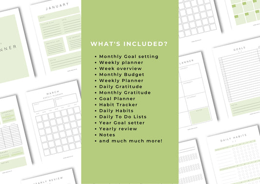 Planner, Daily, weekly, yearly, Goal setting, budget planning, Undated Planner, Three sizes included A5 A4 and US Letter, Lime