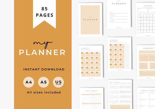 Planner, Daily, weekly, yearly, Goal setting, budget planning, Undated Planner, Three sizes included A5 A4 and US Letter Clementine