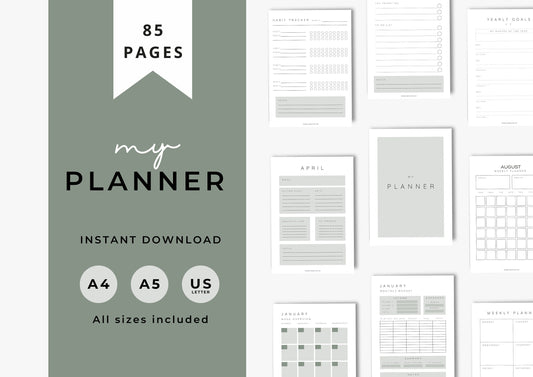Planner, Daily, weekly, yearly, Goal setting, budget planning, Undated Planner, Three sizes included A5 A4 and US Letter , Modern Minimal