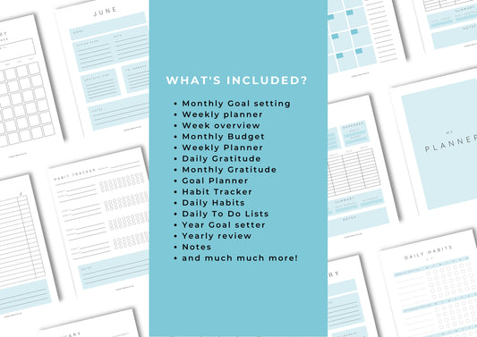 Planner, Daily, weekly, yearly, Goal setting, budget planning, Undated Planner, Three sizes included A5 A4 and US Letter, Aqua Blue