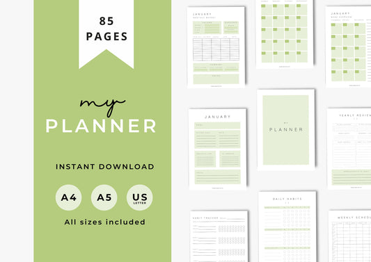 Planner, Daily, weekly, yearly, Goal setting, budget planning, Undated Planner, Three sizes included A5 A4 and US Letter, Lime