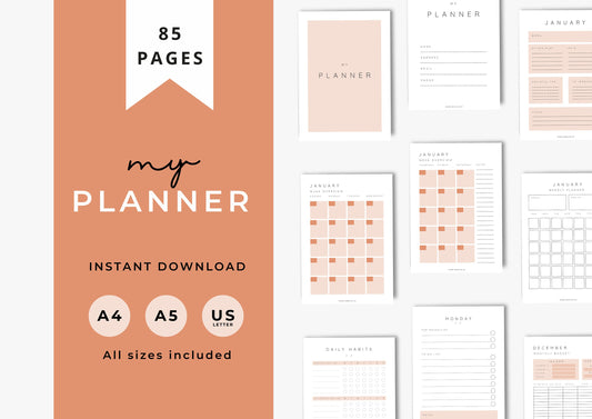 Planner, Daily, weekly, yearly, Goal setting, budget planning, Undated Planner, Three sizes included A5 A4 and US Letter, Burnt Orange