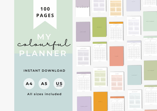Colourful Planner, Daily, weekly, yearly, Goal setting, budget planning, Undated, Three sizes included A5 A4 and US Letter, Spring Time