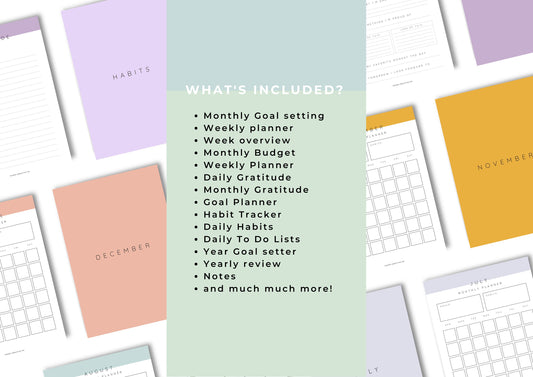 Colourful Planner, Daily, weekly, yearly, Goal setting, budget planning, Undated, Three sizes included A5 A4 and US Letter, Spring Time