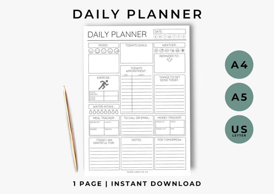 Daily Planner, Daily To Do List for Work and Home, Productivity Planner, Undated Planner, Three sizes included A5 A4 and US Letter